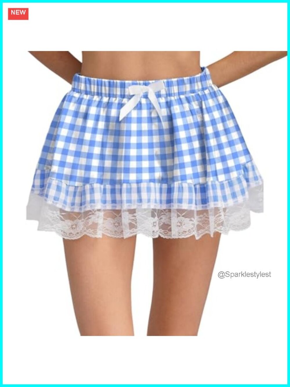 Women's Short Gingham Mini Skirt Lace Trim Flowy Plaid Casual